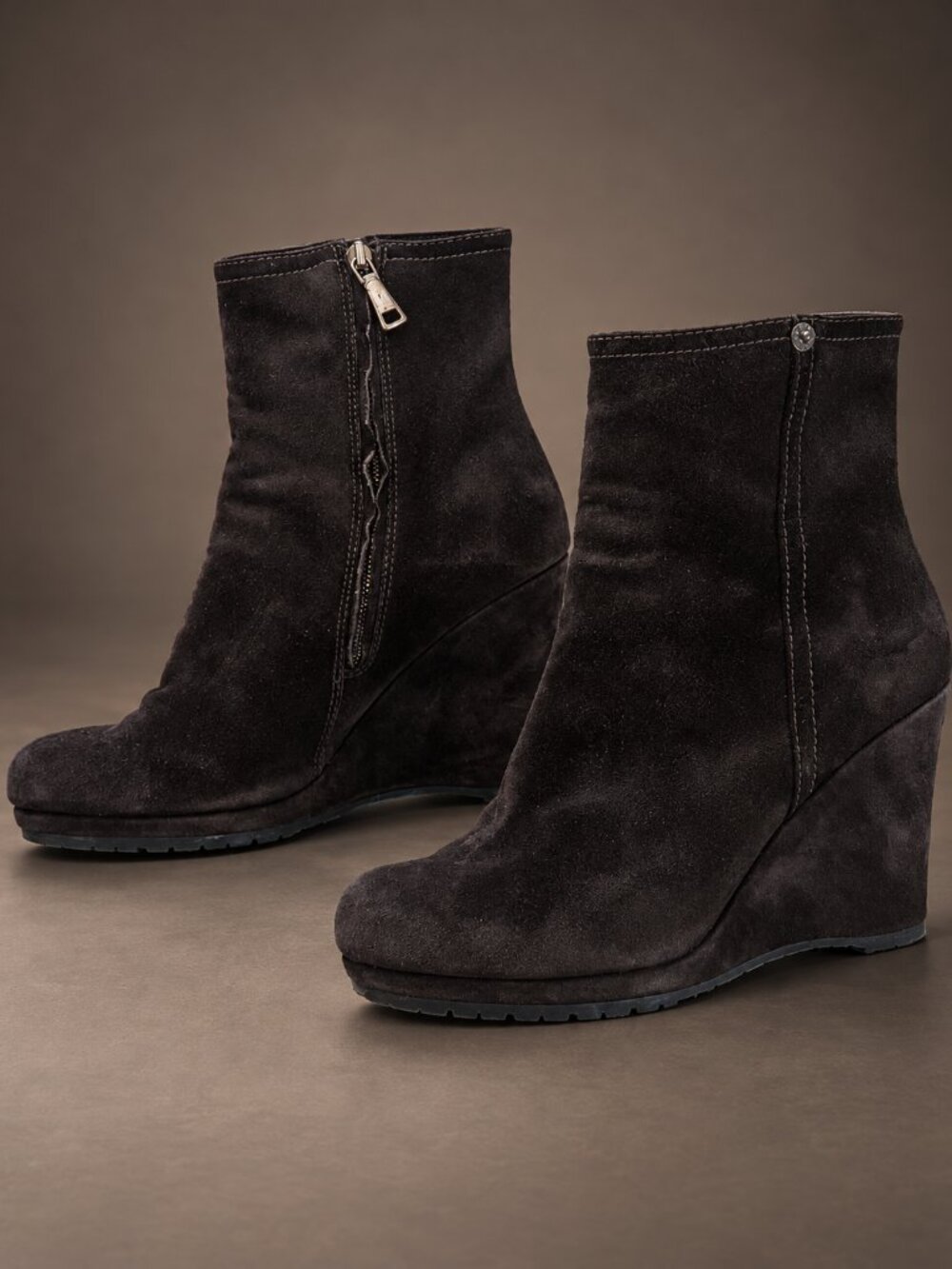 PRADA Brown Suede Wedge Ankle Boots Lug Sole Platform Side Zip Size 35 US 5